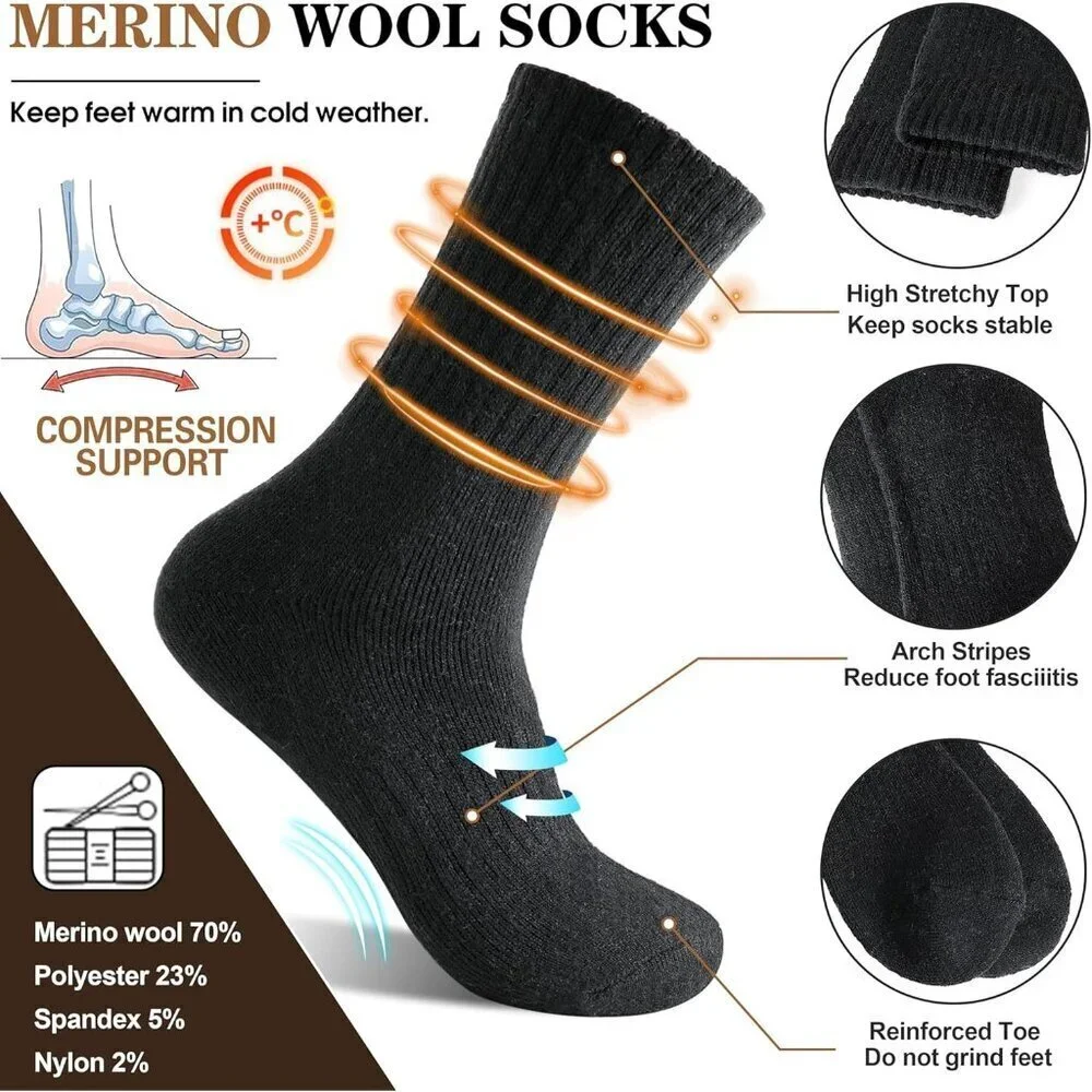 Women's Black B Merino Wool Hiking Warm Winter Cozy Comfy Boot Socks